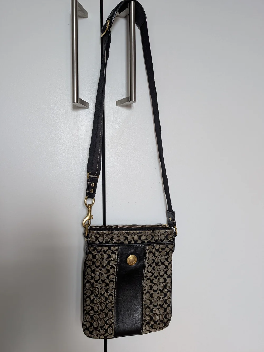 Coach Signature Monogram Crossbody Bag in Canvas and Black Leather Adjustable